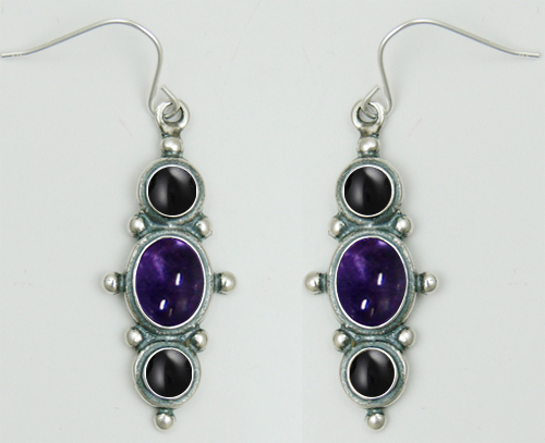 Sterling Silver Drop Dangle Earrings With Iolite And Black Onyx